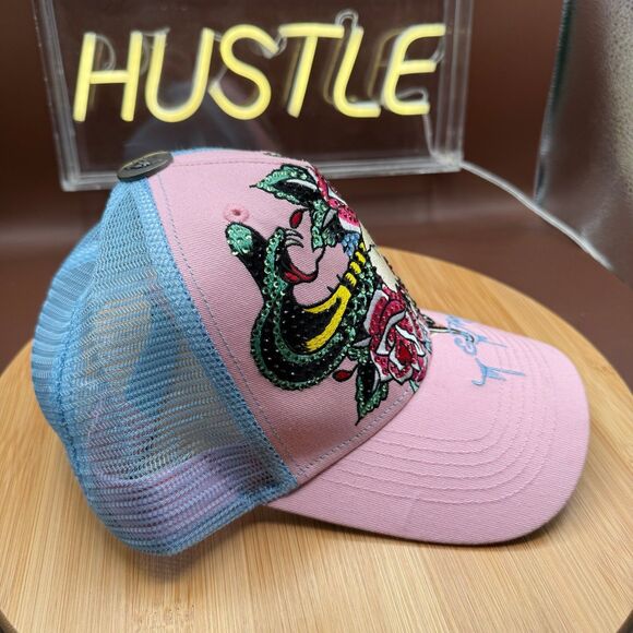 Ed Hardy Rhinestone Cobra Trucker Hat Pink & Sky main image 5
